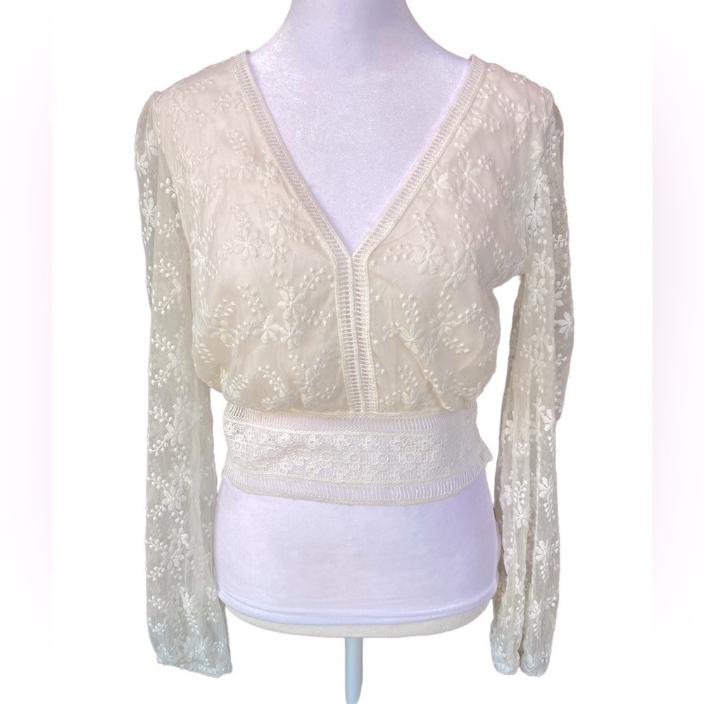 SBetro Sheer Crop White Cream Long Sleeve Y2K‎ Blouse Top